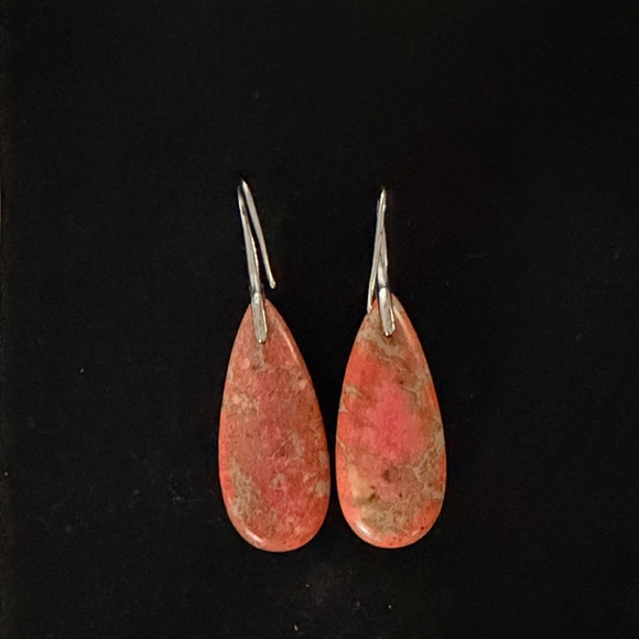 Vibrant Natural Stone Jasper Orange and Silver Teardrop Earrings - Picture 2 of 3